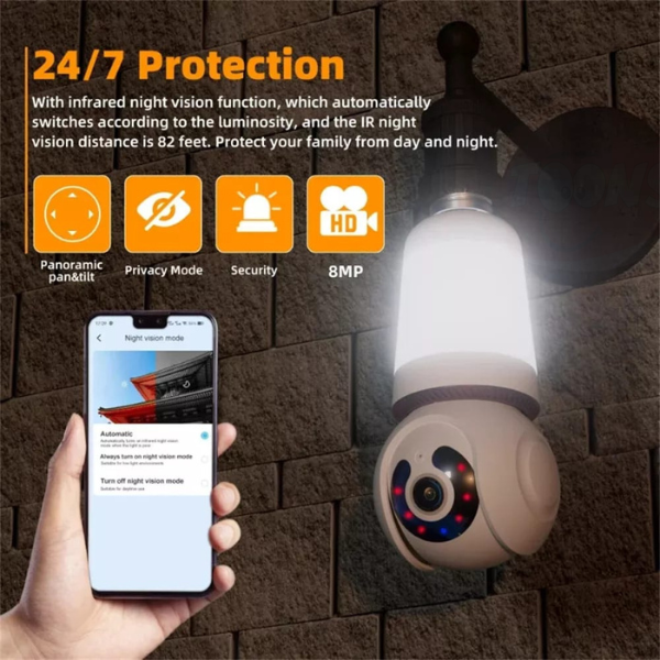 Cámara de Seguridad Tipo Bombillo 8MP Wi-Fi – Visión 360°, Audio y Control